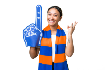 sports fan woman over isolated chroma key background showing ok sign with fingers