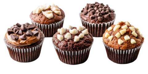 Chocolate Muffin Assortment Isolated On Transparent Background PNG.