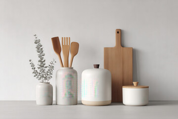 Naklejka premium minimalist still life featuring kitchen utensils arranged elegantly on clean ultrabright background