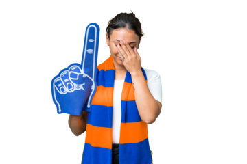 sports fan woman over isolated chroma key background with tired and sick expression