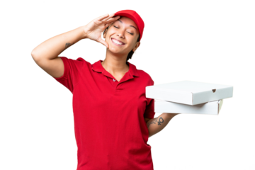 pizza delivery woman with work uniform picking up pizza boxes over isolated chroma key background smiling a lot