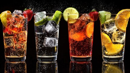 Four glasses of different colored drinks with ice cubes and fruit garnishes on a black background.