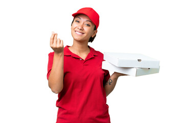 pizza delivery woman with work uniform picking up pizza boxes over isolated chroma key background...
