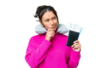 Young Uruguayan woman holding a passport over isolated chroma key background having doubts