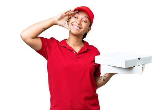 pizza delivery woman with work uniform picking up pizza boxes over isolated chroma key background smiling a lot