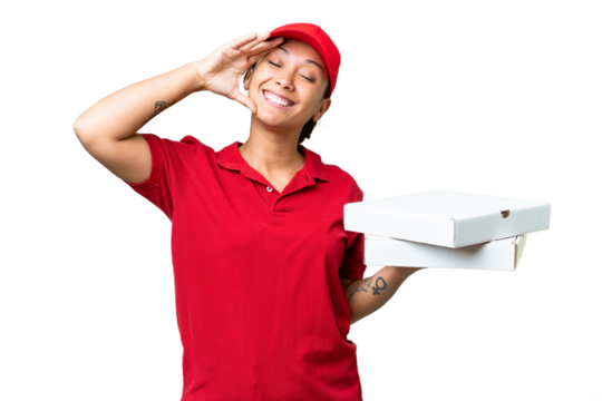 pizza delivery woman with work uniform picking up pizza boxes over isolated chroma key background smiling a lot - Powered by Adobe