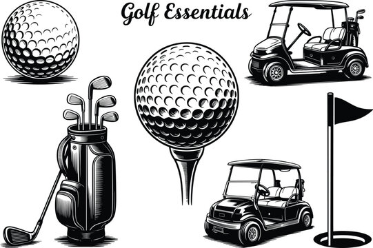 Set of golf essentials equipment, golf cart, ball, bag, golfer, and accessories, vector Illustration isolated on white background.