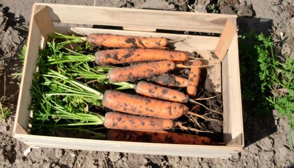 Orange carrots with soil covered roots resting in rustic wooden container, highlighting organic farming and fresh produce harvest