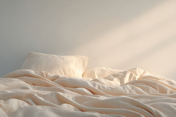 beautiful bed after sleep featuring crumpled sheets and soft light