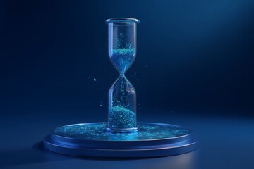 Hourglass with glowing blue grains, symbolizing time's passage, deadlines, and the finite nature of resources on a sleek, modern platform.
