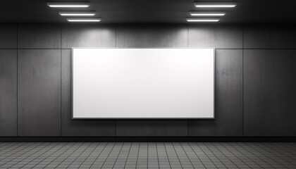 Modern illuminated billboard in subway station with blank mockup space, underground advertising display