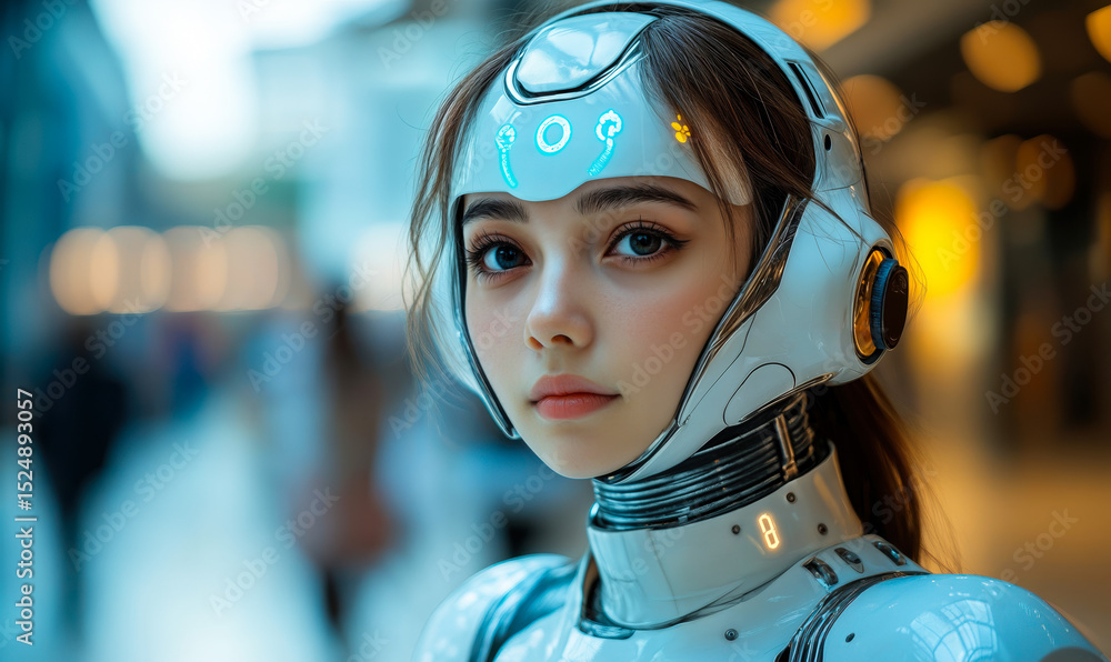 Poster realistic futuristic female android robot with glowing digital interface elements on face and metall