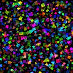 Vibrant, multicolored, translucent cubes scattered on a black background.  A dynamic and energetic abstract design