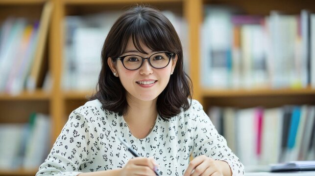 A young woman wearing glasses sits at a desk in a library, smiling and holding a pen.