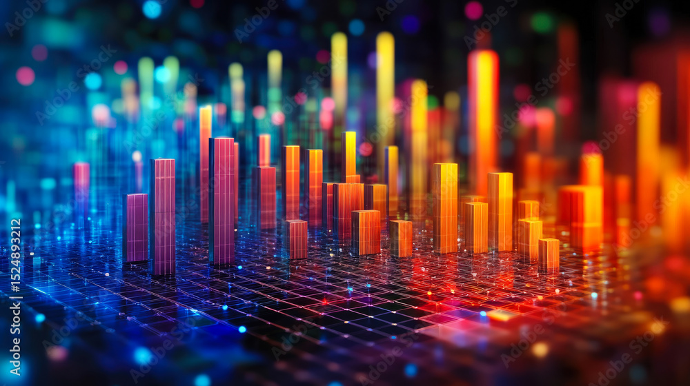 Poster colorful 3d bar chart digital data visualization with glowing neon light and grid pattern representi