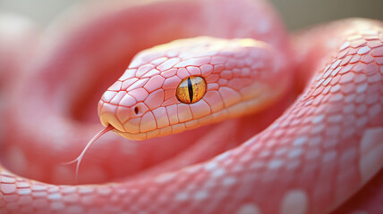 Portrait of a pink snake sparkly yellow eyes iridescent skin