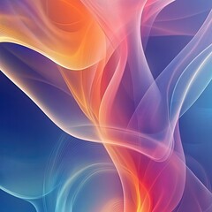 Abstract swirling forms in vibrant hues of orange, pink, and blue against a deep blue backdrop
