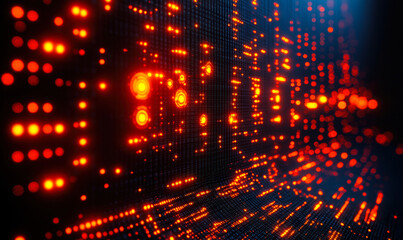 Obraz premium Abstract digital display of glowing orange data points and matrix lights on dark grid background futuristic technology visualization of information flow and computing networks