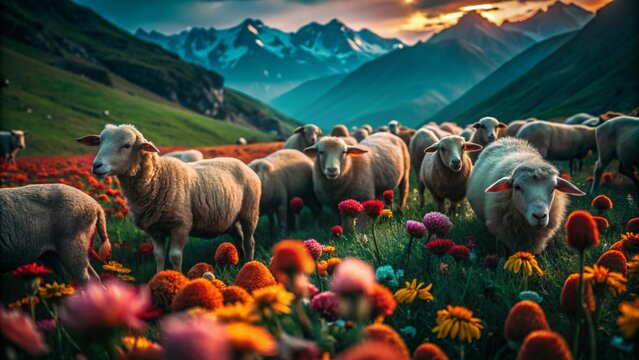 A high-altitude plateau with grazing sheep and blooming alpine flowers, distant mountain peaks, bright daylight, crisp and fresh summer air