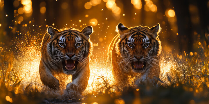 Two fierce Bengal tigers running side by side through glowing golden forest with splashing water and intense expressions at sunset wildlife action scene