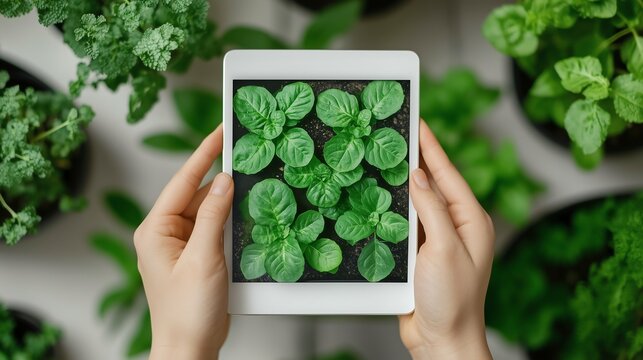 Close-up of gardener's hands holding tablet monitoring hydroponic lettuce in modern greenhouse setup