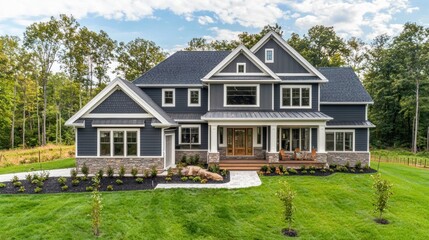 Obraz premium A two-story, dark blue house with white trim and shutters, surrounded by a lush green lawn and trees