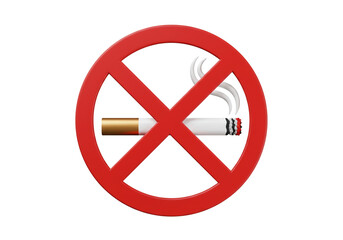 Fototapeta premium A red no smoking sign with a cigarette and smoke isolated on a white background in a studio shot