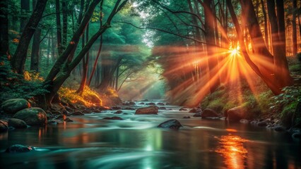 Fototapeta premium A calm river winding through a dense forest, sun rays piercing through green canopy, early summer morning mist, serene and magical atmosphere