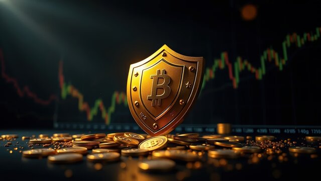 financial savings interest stability concept. Coins and shield symbolizing security and wealth management in finance..