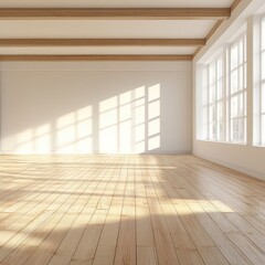 Obraz premium Sunlit empty room with hardwood floor and large windows (8)