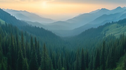 Fototapeta premium Aerial panorama of Washington forest with layered mountain views, capturing lush greenery from above