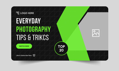 Trendy daily  photography tips and tricks video thumbnail banner design, daily photography learning tips and techniques video cover banner design, editable vector eps 10 file format
