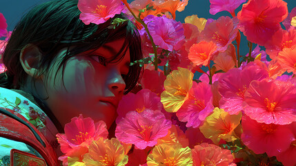 Japanese anime characters wearing kimono. Neon flower petals have a soft glow.