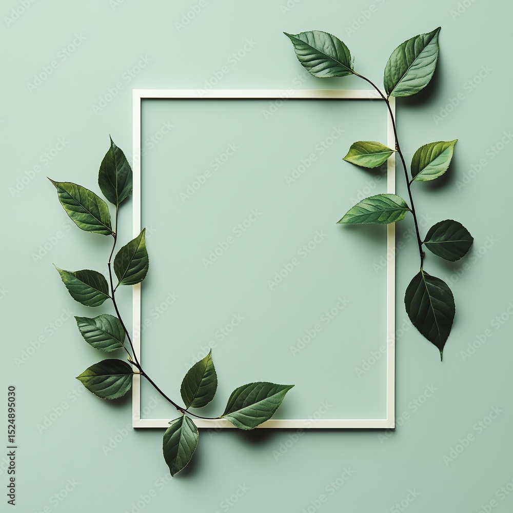 Aufkleber minimalist floating leaf frame design with organic border and negative space for text, eco-friendly 