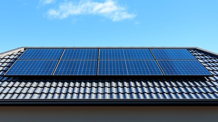 Engineer Inspecting Solar Panels on Rooftop Against Blue Sky, Clean Composition Highlighting Renewable Energy and Sustainable Living