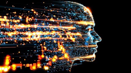 Digital representation of a human face created with glowing lines and data points illustrating advanced ai technology concepts and innovation - Powered by Adobe