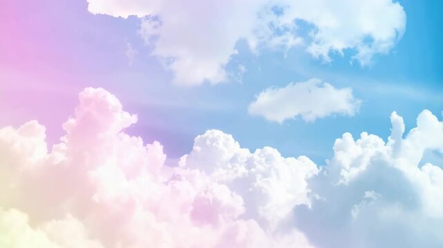 Dreamy pastel sky with fluffy cumulus clouds in shades of pink, yellow, blue, and white creating a soft and calming heavenly atmosphere