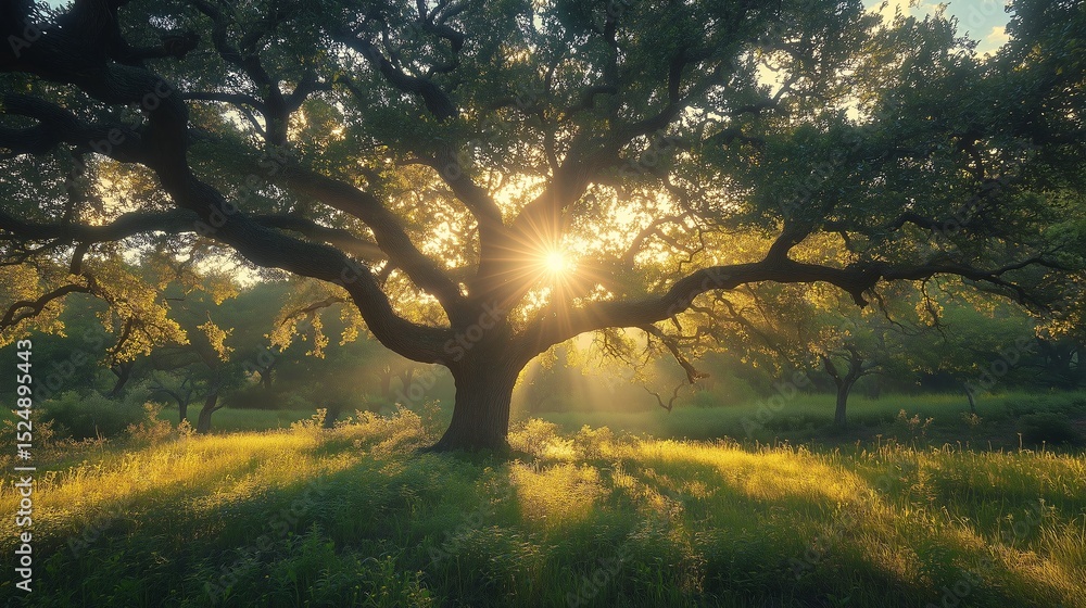 Poster sun rays through oak branches creating panoramic negative space