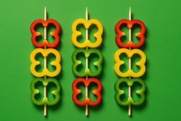 Obraz premium Colorful red, yellow, and green bell pepper slices neatly arranged on three wooden skewers against a vibrant green background