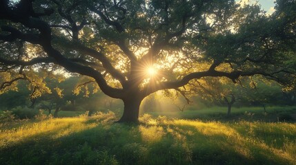 Fototapeta premium Sun rays through oak branches creating panoramic negative space