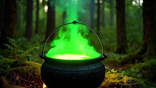 Black cauldron bubbling with bright green potion sits over open flames in a mystical forest setting, creating a spooky ambiance.
