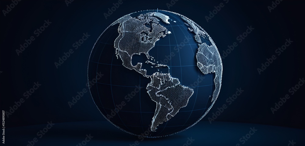 Aufkleber digital earth with glowing continents and grid lines against a dark background in 3d rendering.