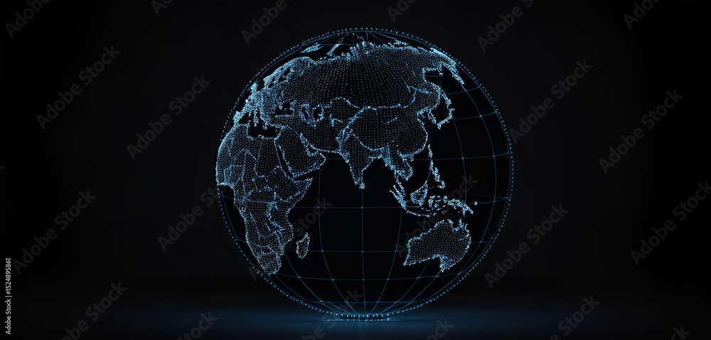 Poster a digital globe with illuminated points shows continents, projecting global connectivity concept.