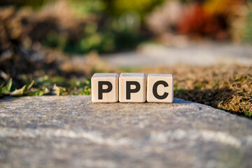 PPC - concept text on cubes standing on a stone on a natural background