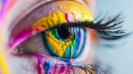 A close view of an eye adorned with bright, colorful makeup and artistic paint drips demonstrating creativity