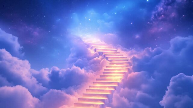 A staircase ascends through fluffy clouds, bathed in soft light against a serene cosmic background