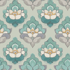 Obraz premium Teal Lotus Blossom Pattern - Traditional Korean Floral Seamless Design