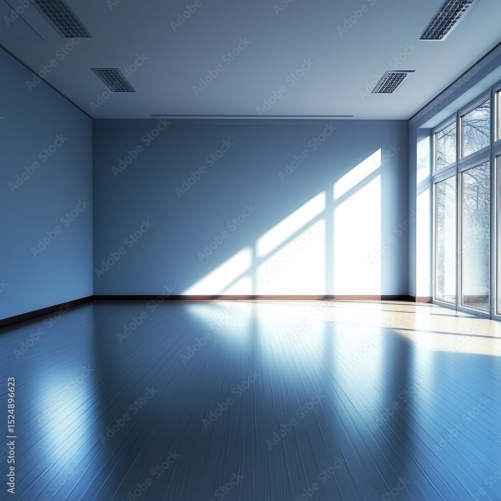 Poster sunlight streams into an empty, modern room with polished floors and large window