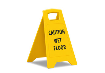 A yellow caution sign indicating a wet floor hazard standing on a white background in studio shot