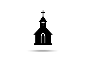 Silhouette of a church building with a cross on top against a plain white background with a shadow